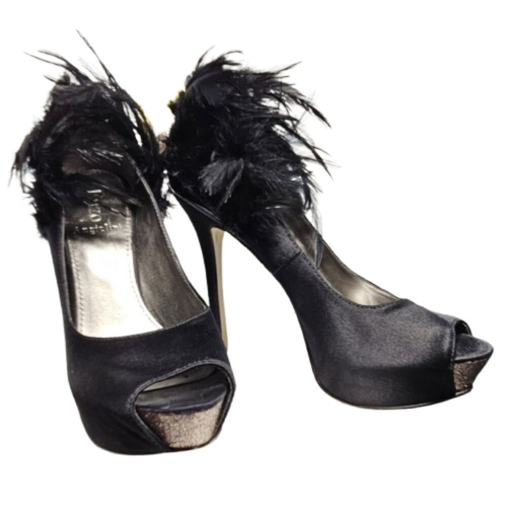 Enzo Agiolini Eatorrez Black Satin Feather Platform Peep Toe Stilletto Heels